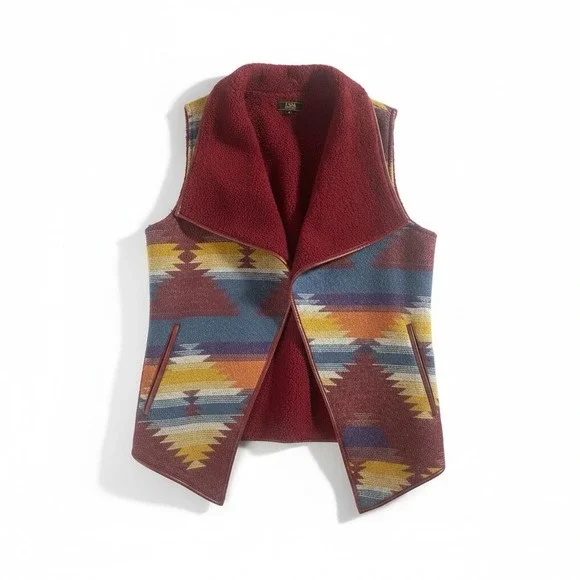Lucky & Blessed‎ Womens L Burgundy Southwest Aztec Fleece Lined Vest Cardigan - Picture 3 of 11